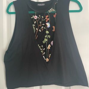 Black crop tank with mesh and flower detailing